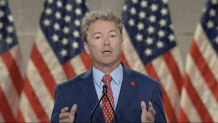 In this image from video, Sen. Rand Paul, R-Ky., speaks from Washington, during the second night of the RNC.