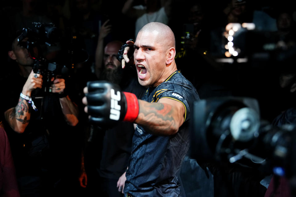 LAS VEGAS, NEVADA - APRIL 13: Alex Pereira of Brazil walks to the Octagon in the UFC light heavyweight championship fight during the UFC 300 event at T-Mobile Arena on April 13, 2024 in Las Vegas, Nevada.  (Photo by Chris Unger/Zuffa LLC via Getty Images)