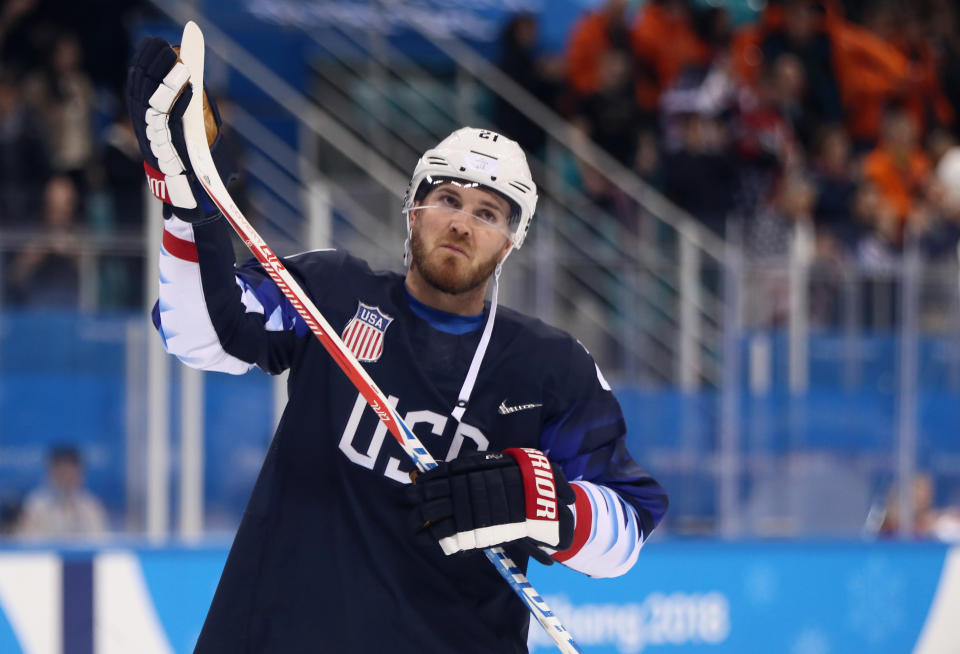 America’s James Wisniewski skates during the Men’s Ice Hockey Preliminary Round Group B game at Gangneung Hockey Centre on February 16, 2018 in Gangneung, South Korea. (Getty)