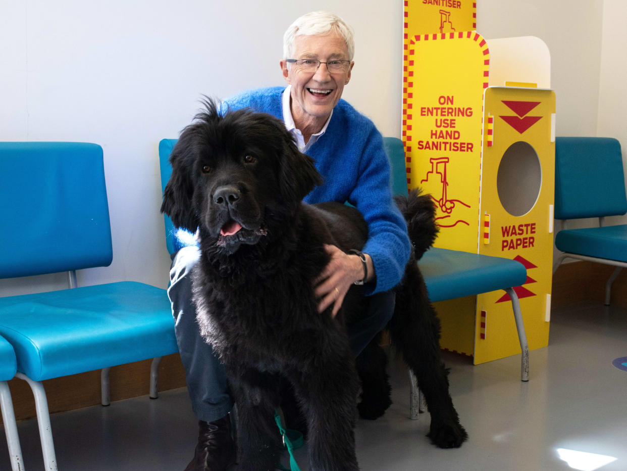 Paul O'Grady at Battersea Cats and Dogs Home with Peggy a Newfoundland. (ITV)