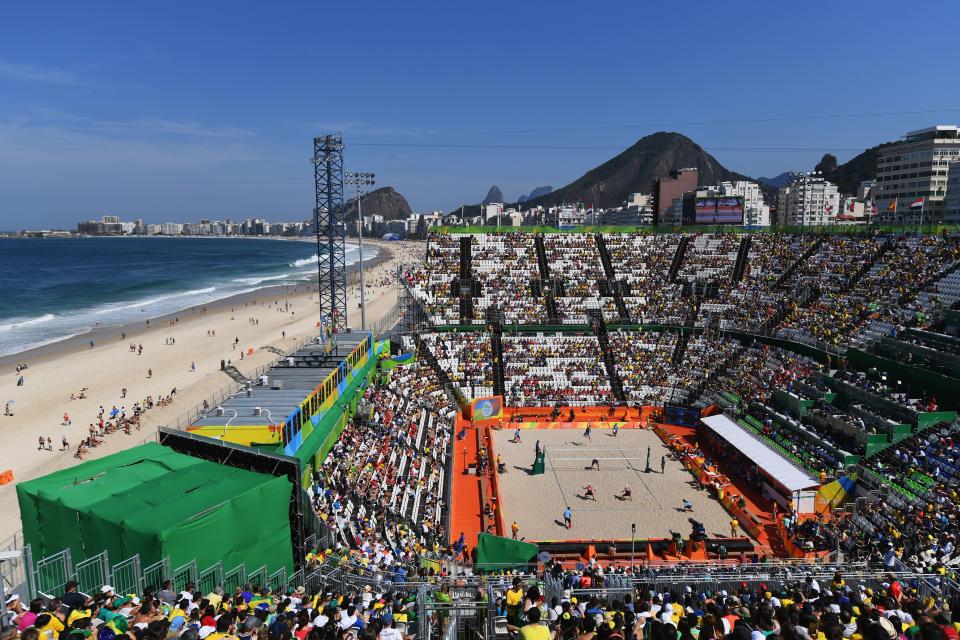 RIO DE JANEIRO, BRAZIL - AUGUST 06:  A general view of Copacabana Beach and the surrounding area on Day 1 of the Rio 2016 Olympic Games at the Beach Volleyball Arena on August 6, 2016 in Rio de Janeiro, Brazil.  (Photo by Shaun Botterill/Getty Images)