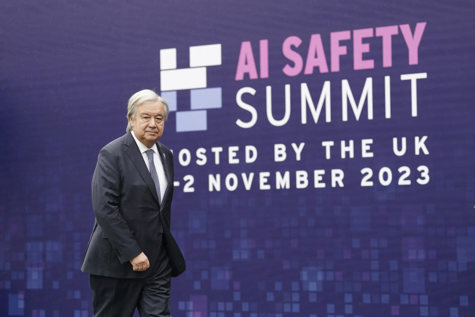 UN Secretary General, Antonio Guterres, arrives for the second day of the UK Artificial Intelligence (AI) Safety Summit, at Bletchley Park, in Bletchley, England, Thursday, Nov. 2, 2023. U.S. Vice President Kamala Harris and British Prime Minister Rishi Sunak are set to join delegates Thursday at a U.K. summit focused on containing risks from rapid advances in cutting edge artificial intelligence. (Joe Giddens/Pool Photo via AP)