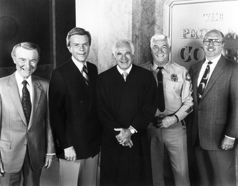 From left: ‘The People’s Court’ EP Ralph Edwards, host Doug Llewelyn, Judge Joseph Wapner, Bailiff Rusty Burrell and EP Stu Billett - Credit: Everett Collection