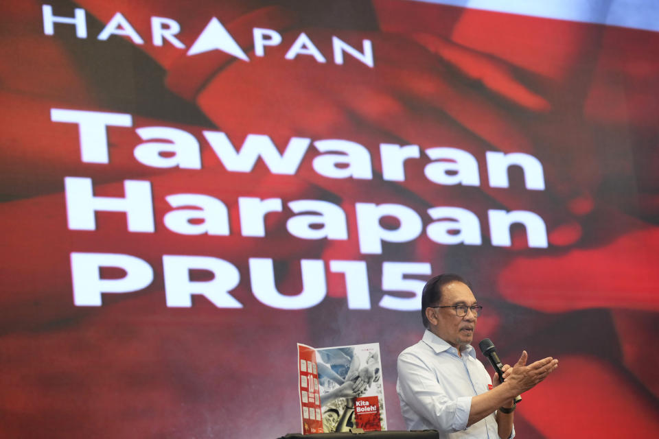 Malaysian opposition leader Anwar Ibrahim speaks during an event as his Pakatan Harapan (The Alliance of Hope) unveils the manifesto at a hotel in Klang, Malaysia Wednesday, Nov. 2, 2022. (AP Photo/Vincent Thian)