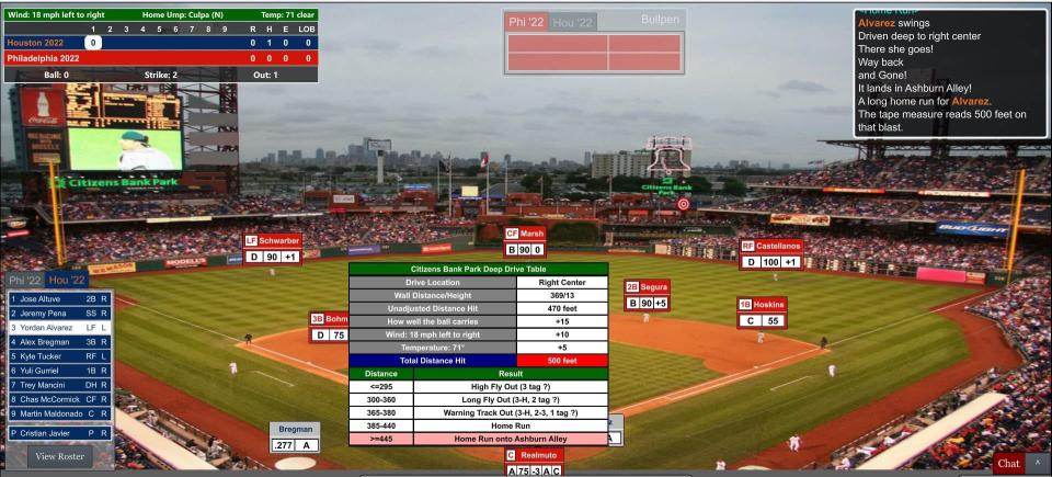 A screenshot of Yordan Alvarez's 500-foot first-inning blast in Game 4 of USA TODAY Sports' annual Simulated World Series.