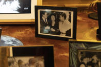 A picture showing Josephine Baker, right, French Boxing champion Marcel Cerdan, left, and French singer Edith Piaf, center, stands at the Chateau des Milandes, Josephine Baker's former house, in Castelnaud-la-Chapelle, central France, Thursday, Nov. 11, 2021. France is inducting Josephine Baker – Missouri-born cabaret dancer, French Resistance fighter and civil rights leader – into its Pantheon, the first Black woman honored in the final resting place of France's most revered luminaries. (AP Photo/Yohan Bonnet)