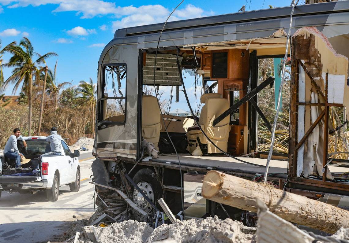 An RV damaged by Hurricane Ian on Estero Boulevard in Fort Myers Beach.