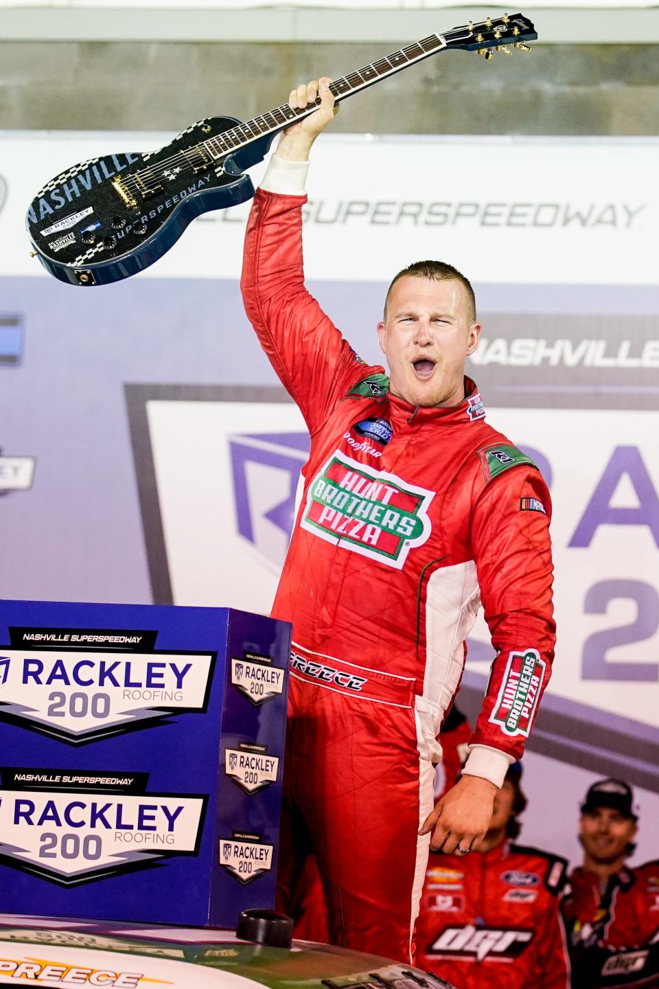 Ryan Preece won back-to-back Truck Series starts at Nashville Superspeedway. Here, he celebrates the first of those two, in 2021.