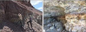 Sampling at Silverado (left) and artisanal workings showing sub-horizontal mineralization (right).