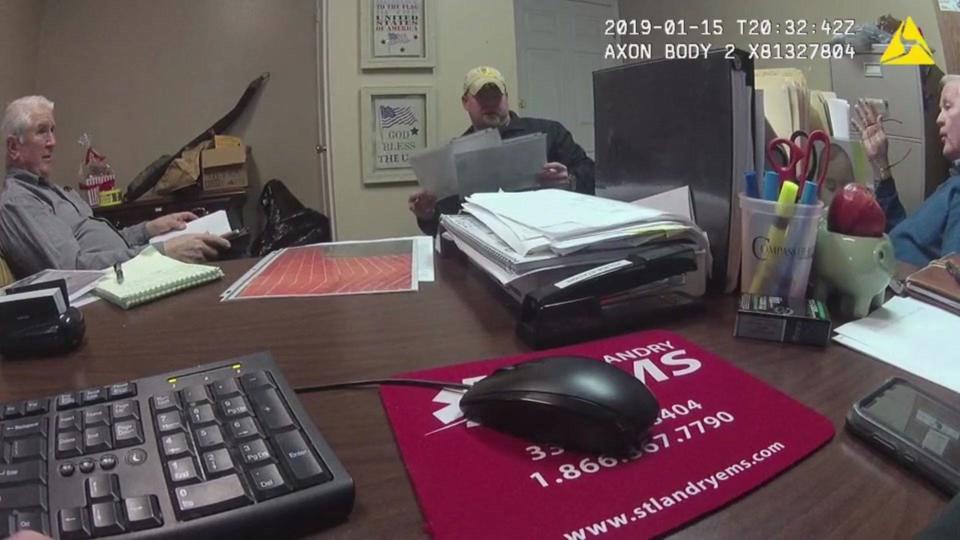 Det. Christopher Knight, center, is interviewed by Zack Shelton, David Lemoine and then-Assistant Police Chief Justin Chenevert, who recorded the interview on his bodycam. / Credit: Cottonport Police Department