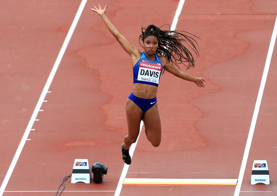 <p>Tara Davis of The USA in action during qualifying for the women's long jump on day three of The IAAF World U20 Championships on July 12, 2018 in Tampere, Finland. (Photo by Stephen Pond/Getty Images for IAAF)</p> 