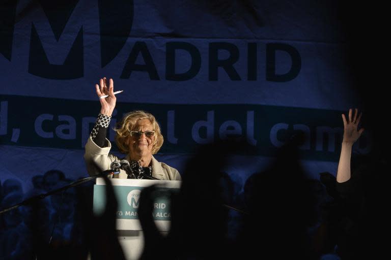 Ahora Madrid citizen platform's candidate for mayor of Madrid, Manuela Carmena speaks during a press conference following the results in Spain's municipal and regional elections in Madrid on May 24, 2015