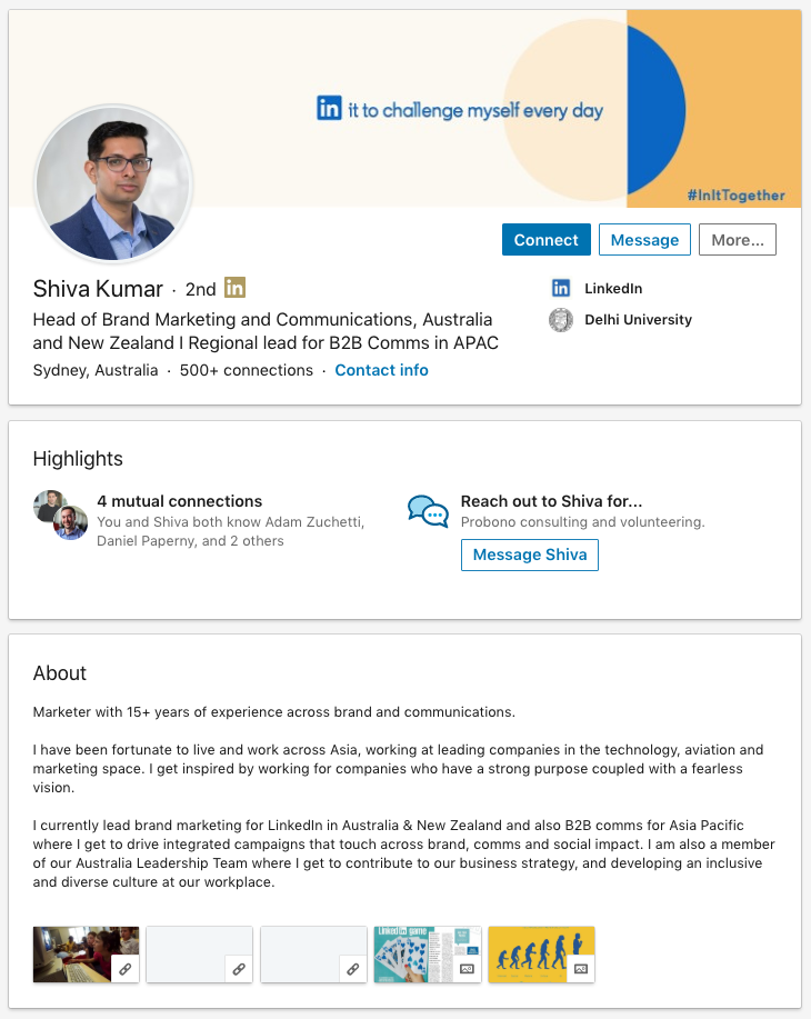 A screenshot of LinkedIn Australia career expert Shiva Kumar's LinkedIn profile.