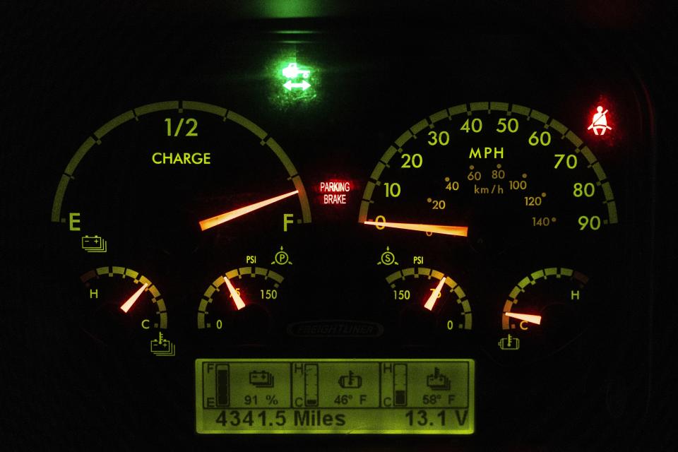 A dashboard of an electric school bus is visible during morning startup, inside the Montgomery County Schools bus lot, Friday, Feb 9, 2024, in Rockville, Md. (AP Photo/Tom Brenner)