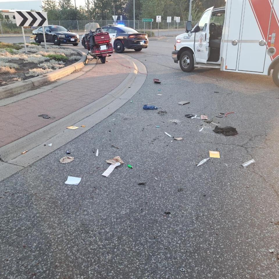 The scene of a motorcycle accident in August 2022. Abbotsford police say the driver, Roy Heide, tried to flee the scene and had a blood alcohol content of over two times the legal limit. (Abbotsford Police Department - image credit)