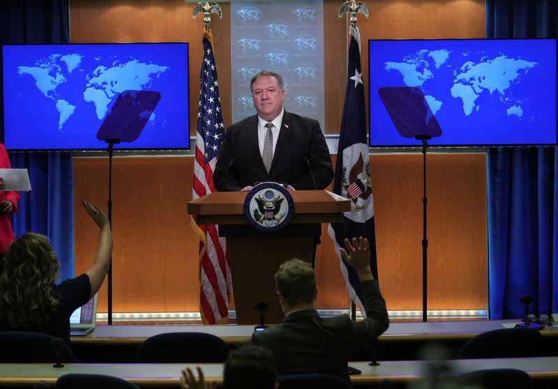 U.S. Secretary of State Pompeo holds press briefing at the State Department in Washington