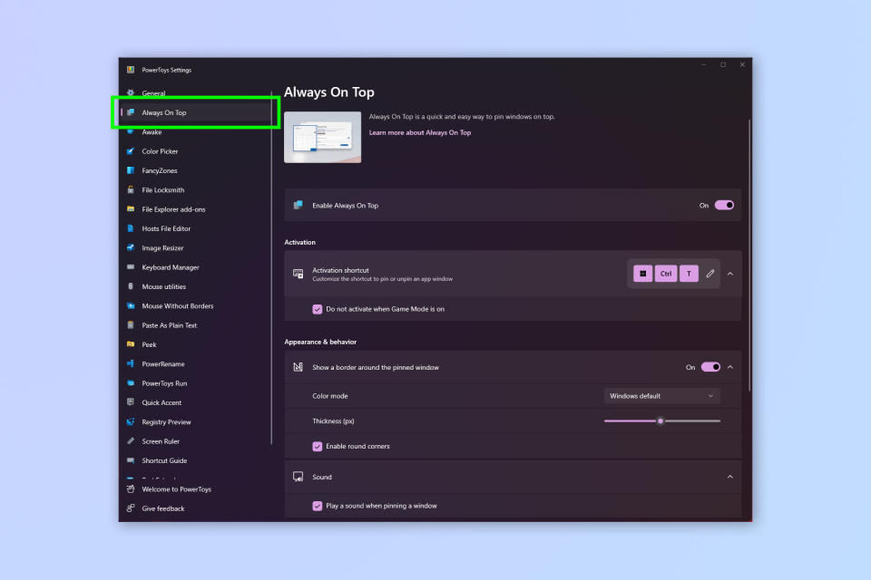 A screenshot showing how to use the Always On Top PowerToy on Windows