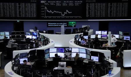 Traders work at their desks in front of the German share price index, DAX board, at the stock exchange in Frankfurt, Germany, April 5, 2017. REUTERS/Staff/Remote