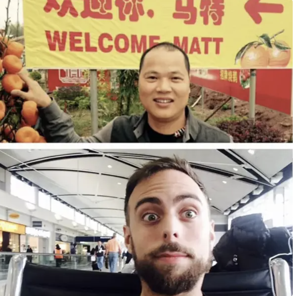 Two photos; top shows a man beside a 'Welcome Matt' sign with oranges, bottom shows a man in an airport on a moving walkway