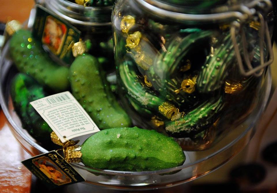 <p>Some homes in the United States have adapted a tradition of hiding a <span class="redactor-unlink">pickle ornament</span> in their Christmas tree. It's believed to bring good fortune to whoever finds it. The idea of the Christmas pickle comes from a story about an American Civil War soldier who was being held captive on Christmas Eve and was given a pickle by a guard who took pity on him.</p>