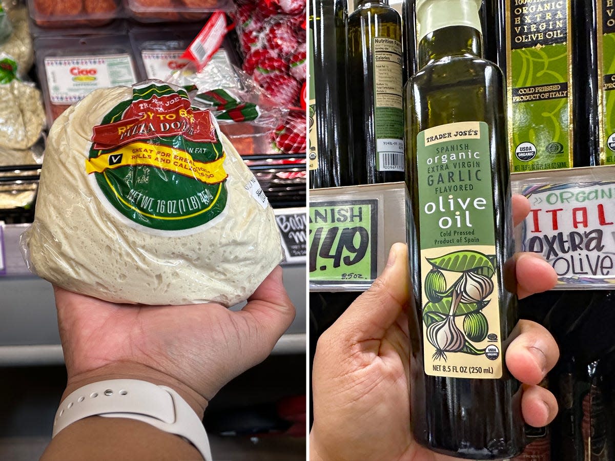 hand holding premade pizza dough at trader joes and hand holding olive oil at trader joes