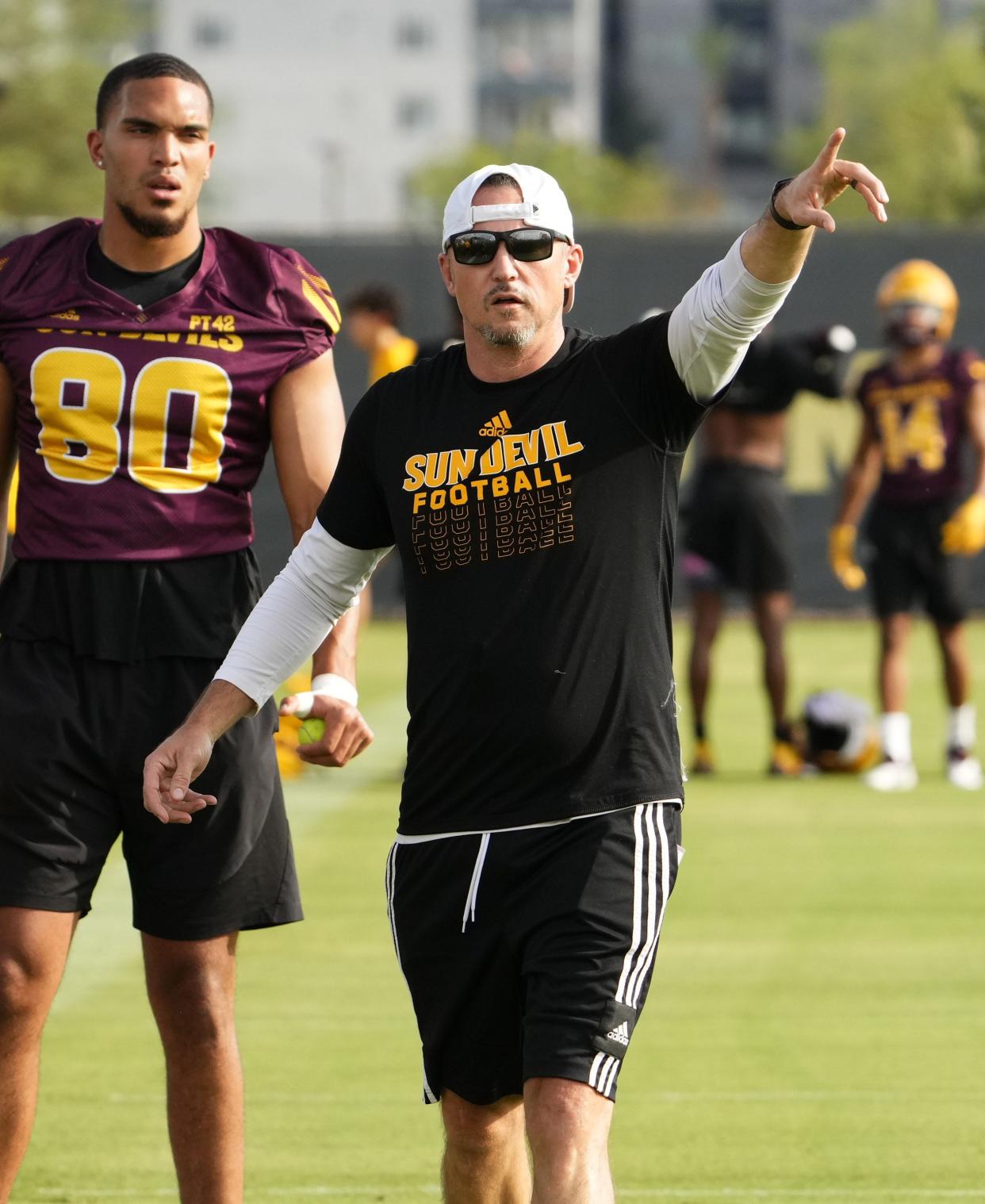 Aug 3, 2022; Tempe, Arizona, USA; Arizona State tight ends coach Juston Wood during workouts at the Kajikawa practice field.