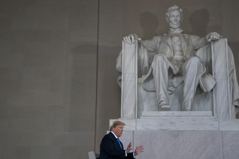 President Donald Trump speaks during a Fox News virtual town hall from the Lincoln Memorial, Sunday, May 3, 2020, in Washington. (AP Photo/Evan Vucci)