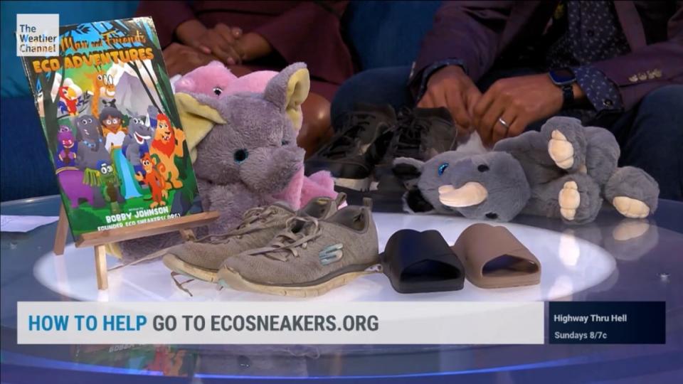 Stuffed animals made with the recycled sneakers, alongside a children’s book (credit: the Weather Channel)