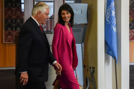 U.S. Secretary of State Rex Tillerson is greeted by U.S. Ambassador to the United Nations Nikki Haley at the United Nations for a Security Council meeting on the situation in North Korea, in New York City, U.S., April 28, 2017. REUTERS/Stephanie Keith