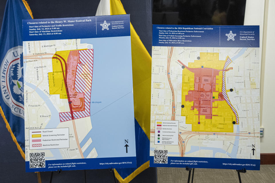 The U.S. Secret Service released maps Friday, June 21, 2024, showing the parade route and protest zones that will be allowed during the Republican National Convention held in Milwaukee next month. (AP Photo/Andy Manis)