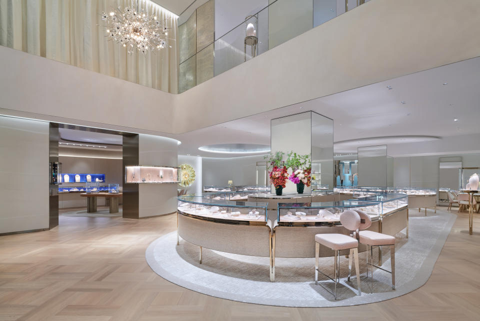 The royal blue dedicated Elsa Peretti space, left, and a jewelry display case.