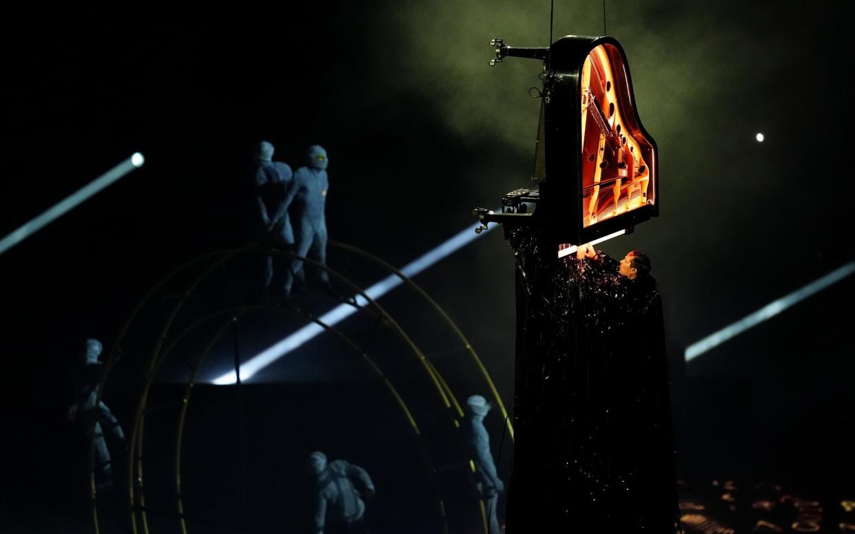 Pianist Alain Roche performs during the closing ceremony of the 2024 Paris Olympic Games