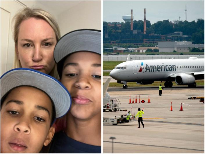 Un montage de Sarah Ripmaster et ses deux enfants, à côté d'un vol d'American Airlines.