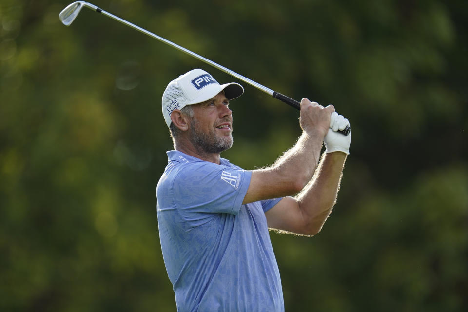 Lee Westwood, of England, tees off on the the 13th hole during the first round of the BMW Championship golf tournament, Thursday, Aug. 26, 2021, at Caves Valley Golf Club in Owings Mills, Md. (AP Photo/Julio Cortez)