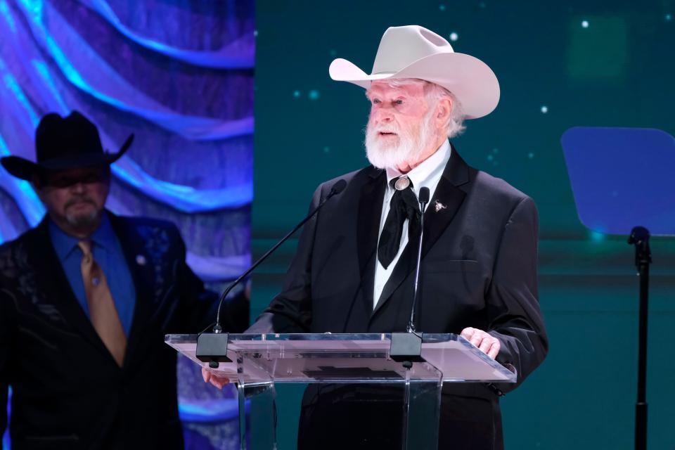 Red Steagall accepts the 2023 Lifetime Achievement Award during the 2023 Western Heritage Awards at the National Cowboy & Western Heritage Museum in Oklahoma City, Saturday, April 15, 2023. 