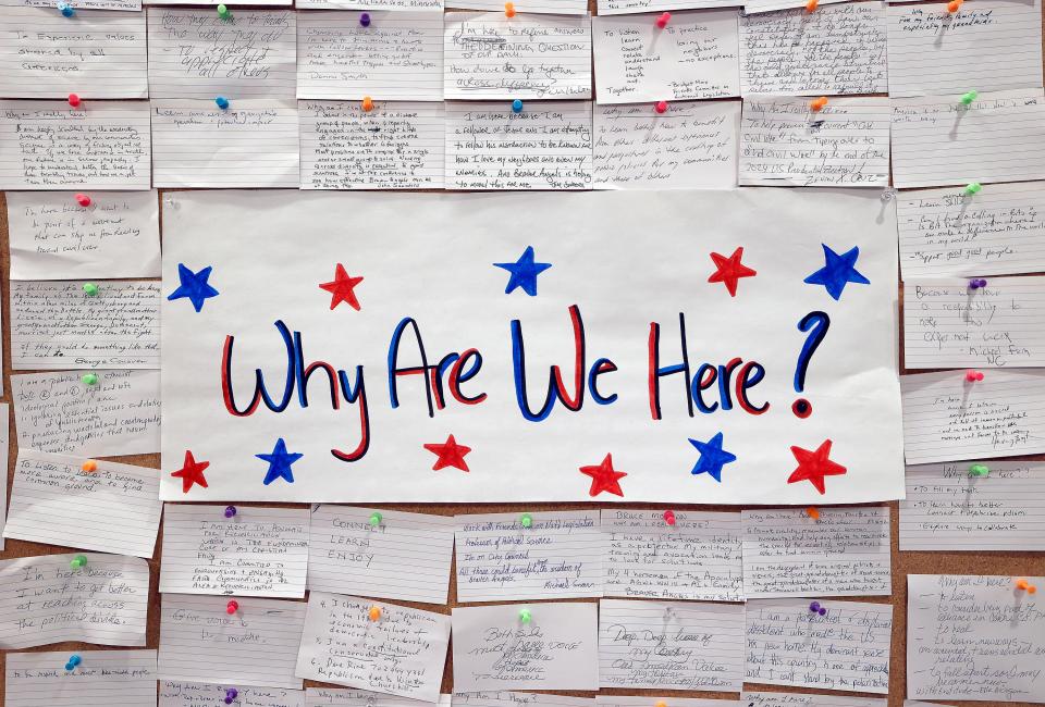 Answers to the question “Why are we here?” are posted at the Braver Angels National Convention at Gettysburg College in Gettysburg, Pa., on Friday, July 7, 2023. | Kristin Murphy, Deseret News