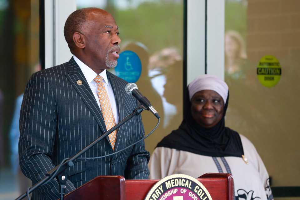 Meharry Medical College President Dr. James Hildreth speaks at an event on campus on Friday, May 19, 2023.