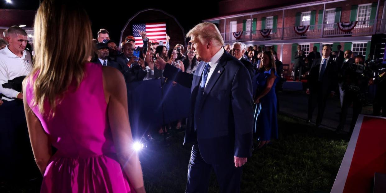 President Donald Trump and first lady Melania Trump greet the crowd after U.S. Vice President Mike Pence acceptance speech as the 2020 Republican vice presidential nominee during an event of the 2020 Republican National Convention held at Fort McHenry in Baltimore, Maryland, U.S., August 26, 2020.