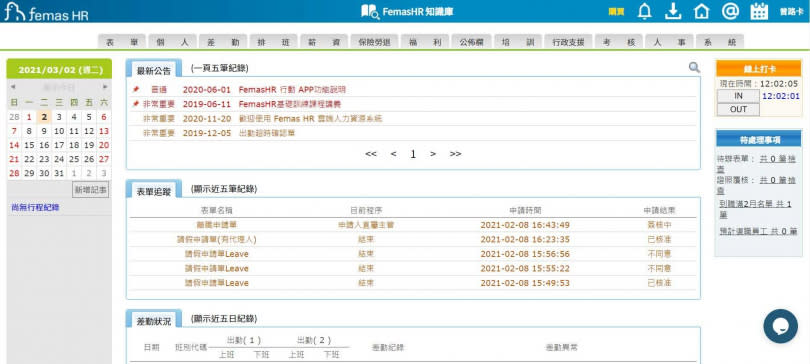 鋒形科技雲端人資系統femas HR的中文介面。（圖∕翻攝femas HR）