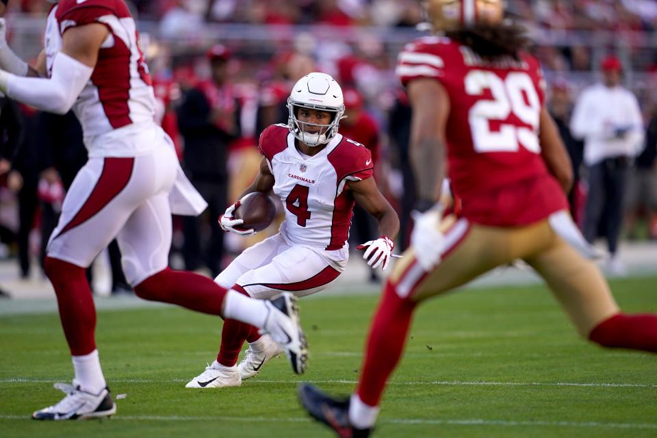 Arizona Cardinals wide receiver Rondale Moore (4) runs with the ball after making a catch against the San Francisco 49ers in the second quarter at Levi's Stadium.