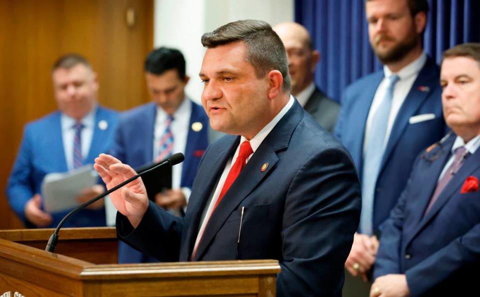 Rep. Jeffrey Elmore speaks during a press conference Wednesday, March 29, 2023, where House Speaker Tim Moore and the House Republican budget chairs talked about their state budget proposal. Ethan Hyman/ehyman@newsobserver.com