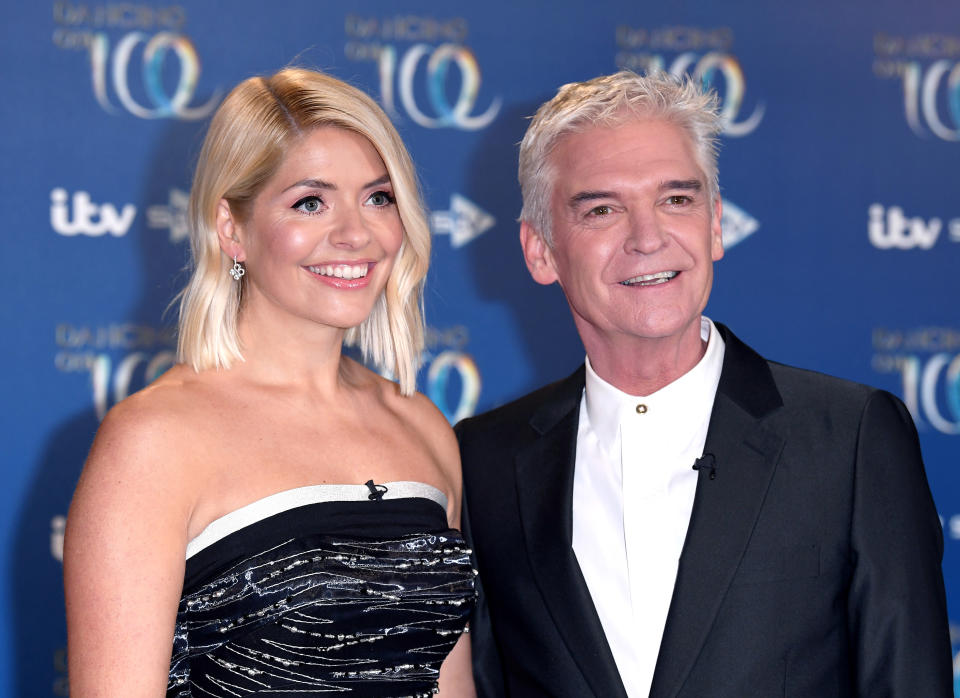 BOVINGDON, ENGLAND - DECEMBER 09: Holly Willoughby and Phillip Schofield during the Dancing On Ice 2019 photocall at the Dancing On Ice Studio, ITV Studios, Old Bovingdon Airfield on December 09, 2019 in Bovingdon, England. (Photo by Karwai Tang/WireImage)