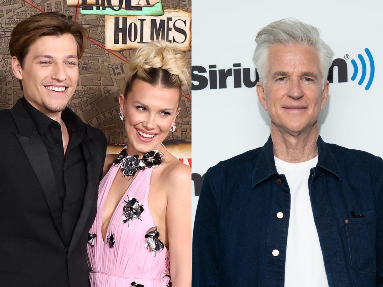 left: millie bobby brown and jake bongiovi at the enola holmes 2 premiere, smiling widely and posing together; right: matthew modine in a white shirt and dark blue jacket, smiling