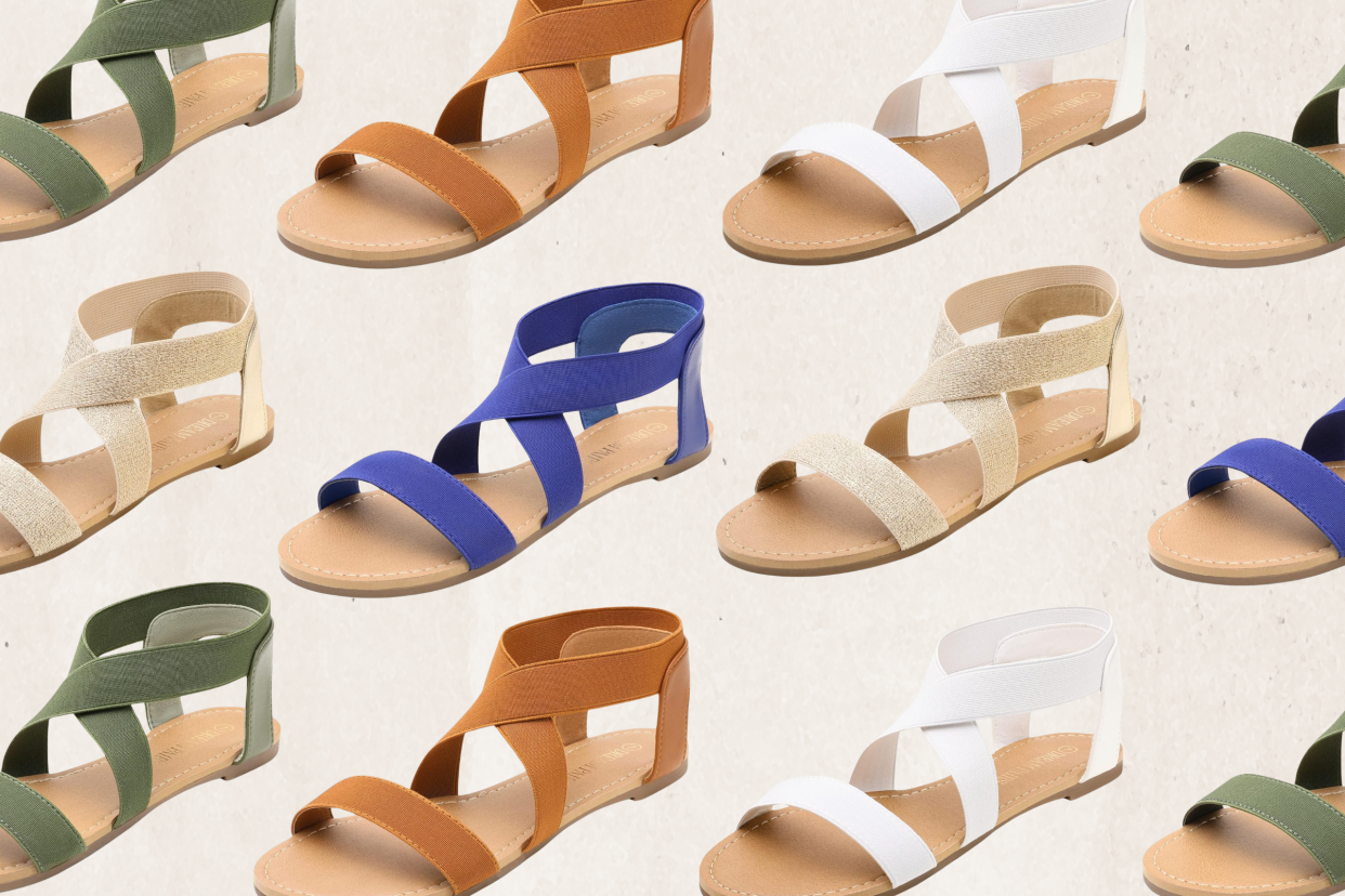 collage of amazon sandals in blue, green, white and brown, DREAM PAIRS womens ELATICA-6 flat sandal, These Dream Pairs sandals are perfect for my wide feet — and they're on sale for Prime Day (photos via Amazon).