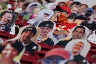 A Kansas City Chiefs fan looks on before the NFL Super Bowl 55 football game between the Kansas City Chiefs and Tampa Bay Buccaneers, Sunday, Feb. 7, 2021, in Tampa, Fla. (AP Photo/Charlie Riedel)