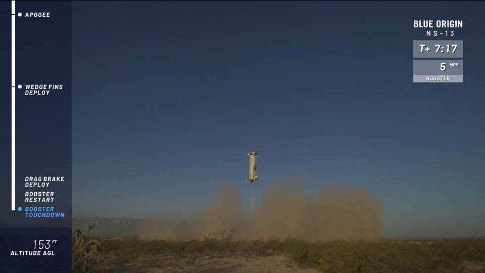 In this image from video made available by Blue Origin, the New Shepard rocket lands in Texas, to test new lunar-landing technology for NASA that could help put astronauts back on the moon by 2024. (Blue Origin via AP)