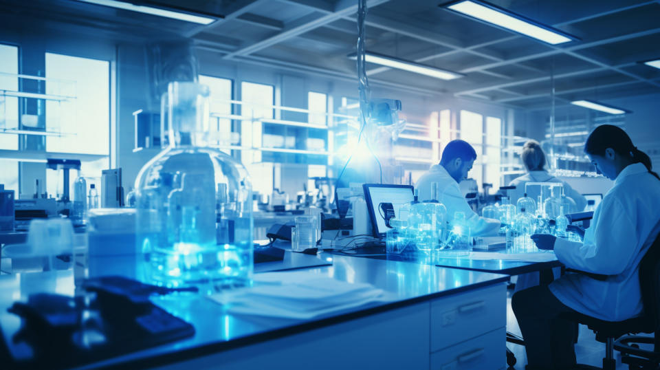 A lab setting filled with scientific equipment and researchers in lab coats working together to develop new therapies for autoimmune diseases.