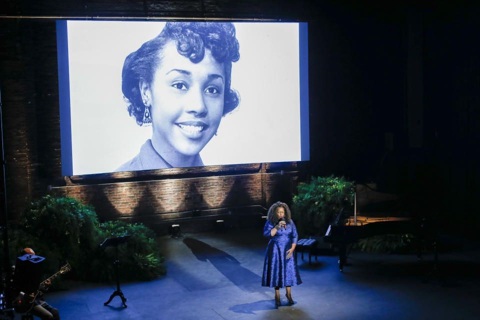 American singer Dianne Reeves performs during a memorial ceremony for actress Diahann Carroll at the Helen Hayes Theater on Sunday, Nov. 24, 2019 in New York. (AP Photo/Eduardo Munoz Alvarez) (AP Photo/Eduardo Munoz Alvarez)