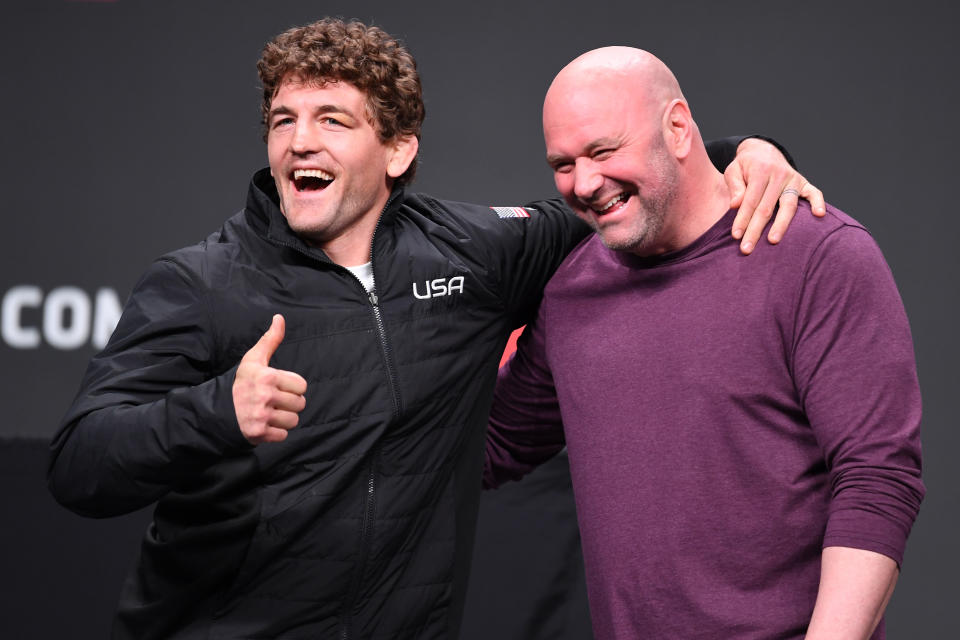 ATLANTA, GA - APRIL 12:  (L-R) Ben Askren and UFC President Dana White pose for photos during the UFC Seasonal Press Conference inside State Farm Arena on April 12, 2019 in Atlanta, Georgia. (Photo by Josh Hedges/Zuffa LLC/Zuffa LLC via Getty Images)