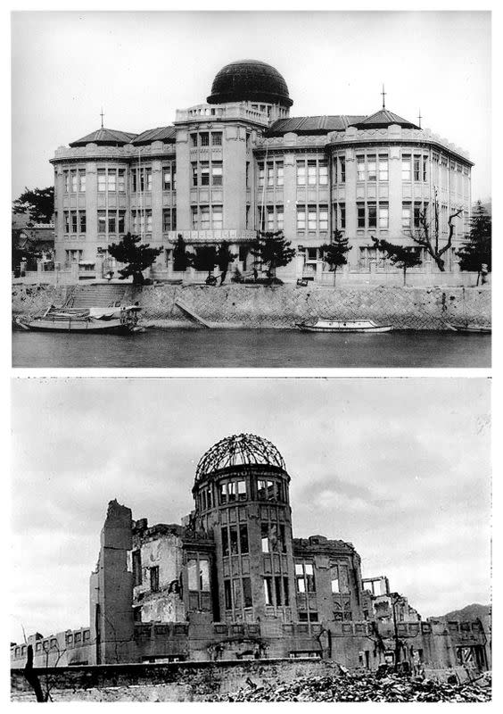 Combination photo shows the Hiroshima Prefectural Industrial Promotion Hall, currently called the Atomic Bomb Dome or A-Bomb Dome, in Hiroshima before and after the atomic bombing